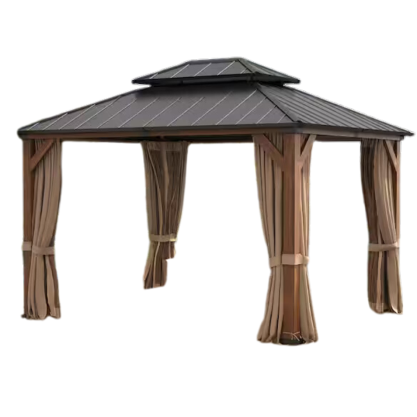 LUE BONA 10 Ft x 12 Ft Brown Wood Grain Aluminum Hardtop Pavilion Gazebo Hot on Sale