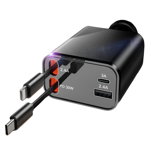 4-in-1 69W USB-C Retractable Car Charger With Retractable Cord For Sale