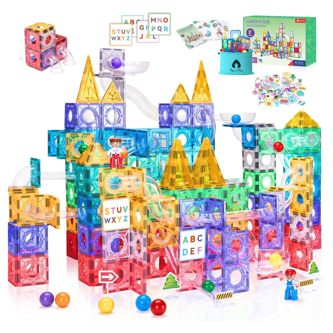 171-Piece Magnetic Tiles & Marble Run Set With Learning Card And Storage Bag For Sale