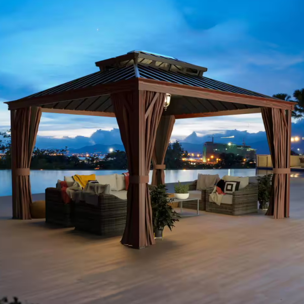 VEIKOUS 12 ft. x 10 ft. Wood Grain Aluminum Gazebo Double Roof Cheap