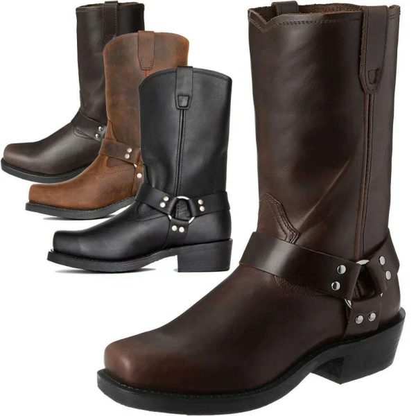 Retro Cowboy Boots Men Mid Calf Western Boots Men Pu Leather Boots Man Slip On Shoes Winter Knight Boots Booties Plus Size 39-48 Online Hot Sale - Image 2