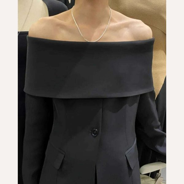 DEAT Fashion Women s Blazer New Slash Neck Slim Single Breasted Off Shoulder Long Sleeve Black Suit Jackets Autumn 2023 17A822H Cheap - Image 3