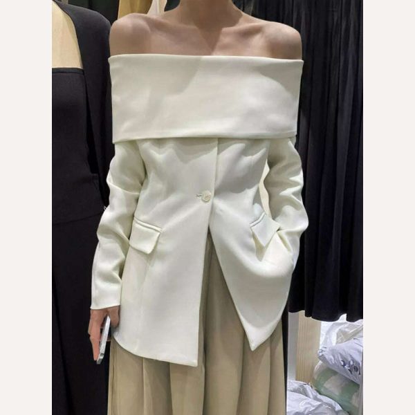 DEAT Fashion Women s Blazer New Slash Neck Slim Single Breasted Off Shoulder Long Sleeve Black Suit Jackets Autumn 2023 17A822H Cheap
